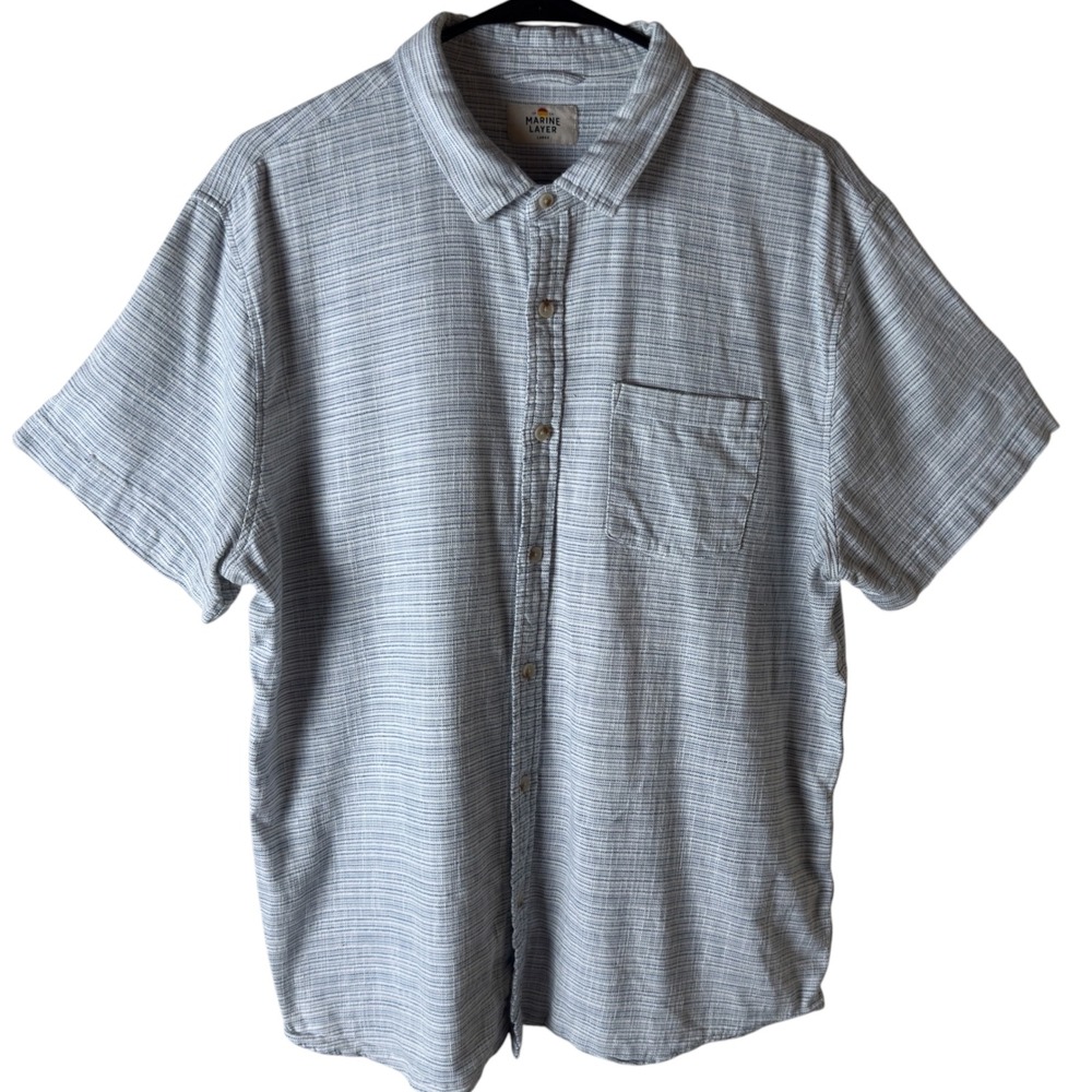 Marine Layer Men's Stretch Selvage Short Sleeve Button Down Blue Stripe Large